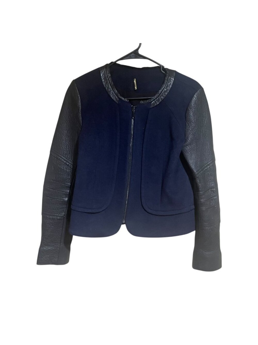 rebecca minkoff navy mixed media collarless jacket